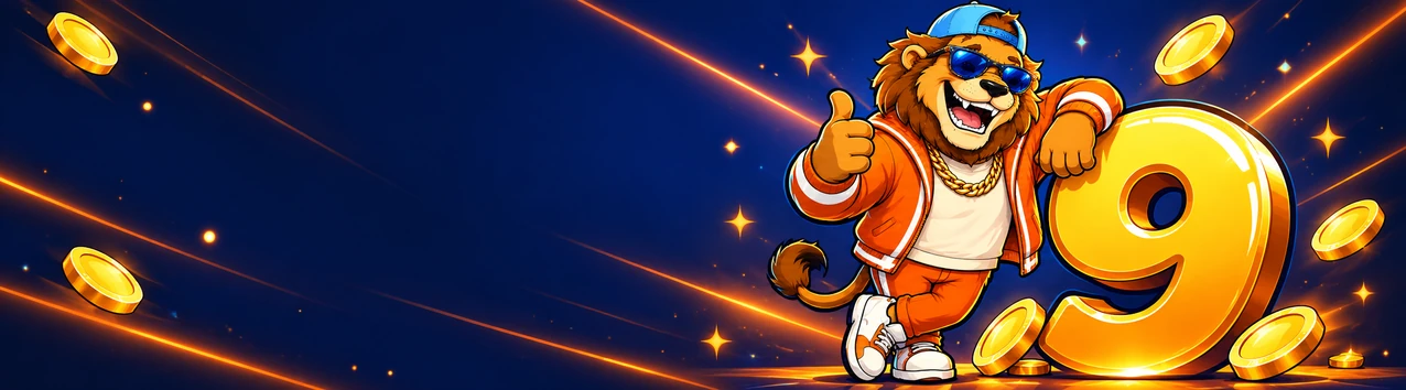 Nine Casino Maskottchen neben einer grossen goldenen Neun